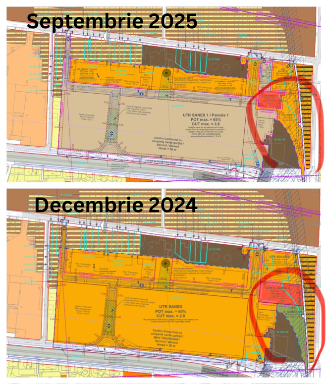 Cu roșu este terenul pentru creșă, iar "virgula" de sub ea este terenul care se donează Primăriei.